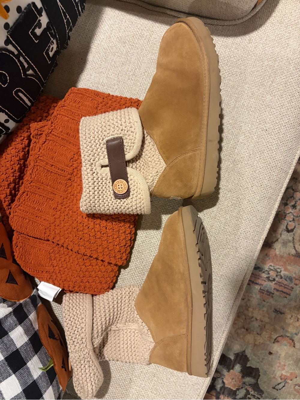 UGG Chestnut Suede Fold-Over Boot with Cream Knit Cuff